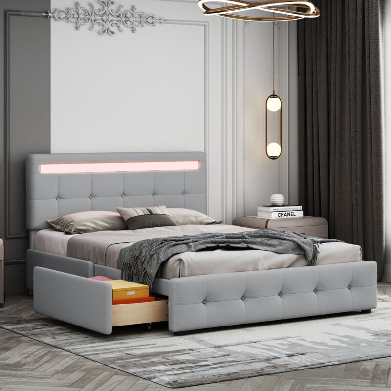 foto del prodotto letto imbottito 140 x 200 cm con led, rete a doghe e box letto con rotelle, letto singolo con testiera e 4 cassetti, superficie in lino delicato