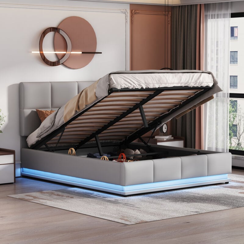 foto del prodotto letto imbottito 140 x 200 cm con led, rete a doghe in metallo e box letto, letto matrimoniale con testiera imbottita regolabile in altezza e vano