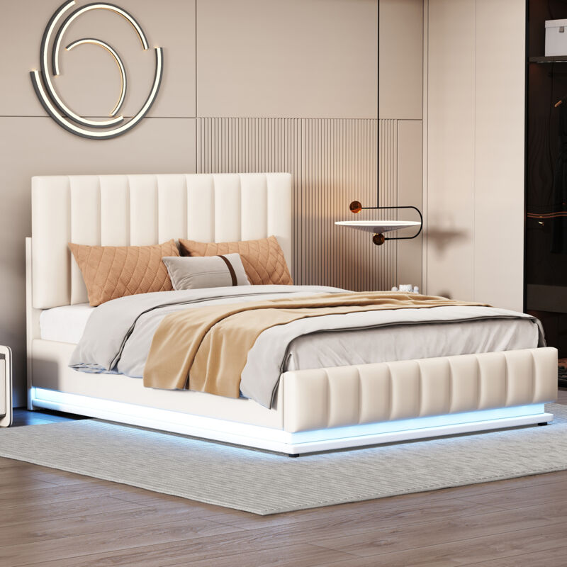 foto del prodotto letto imbottito 140 x 200 cm con led, rete a doghe in metallo e box letto, letto matrimoniale con testiera imbottita regolabile in altezza e vano