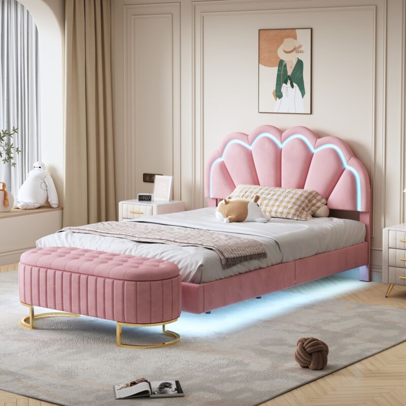 foto del prodotto letto imbottito 140 x 200 cm, con panca ribaltabile, giroletto imbottito sospeso con illuminazione a led e testiera dal design esclusivo, letto
