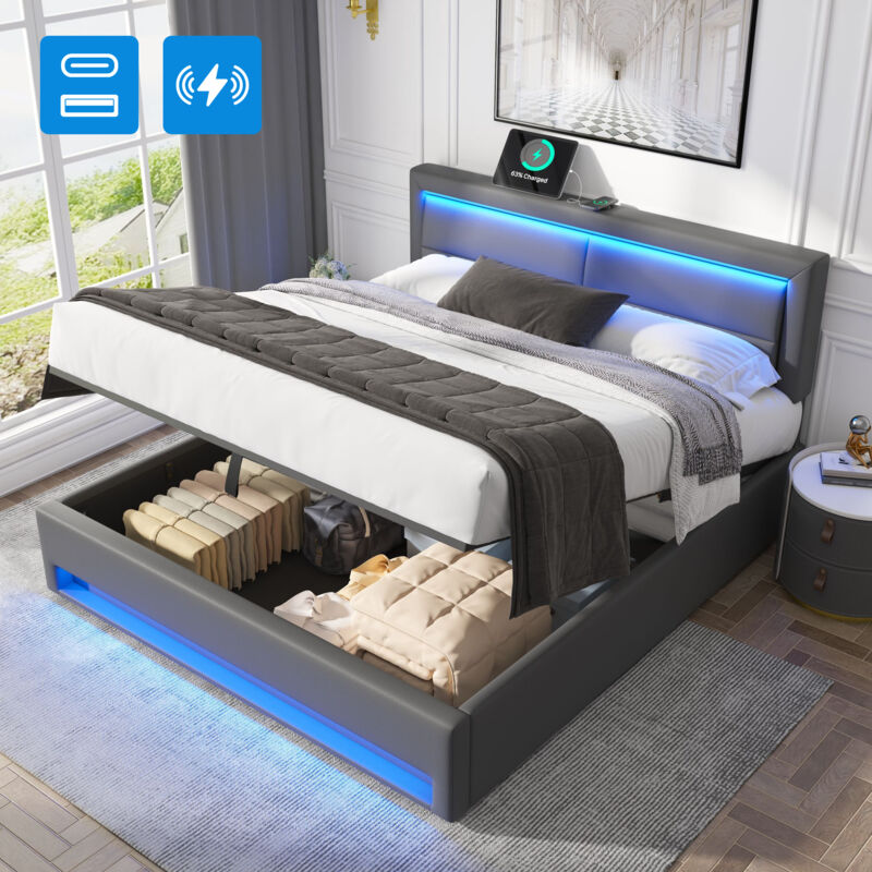 foto del prodotto letto imbottito 140 x 200 cm, con porta usb supporta la ricarica wireless e via cavo , con illuminazione a led e spazio per riporre oggetti, senza