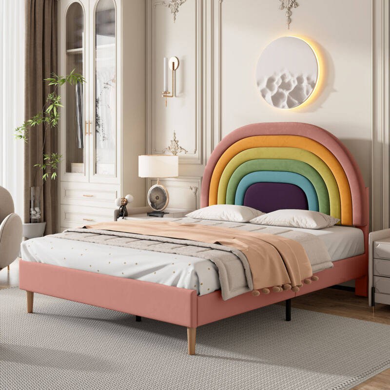 foto del prodotto letto imbottito 140 x 200 cm, con rete a doghe e testiera arcobaleno, letto per ragazzi, per adulti e ragazzi, doghe in legno, montaggio facile,