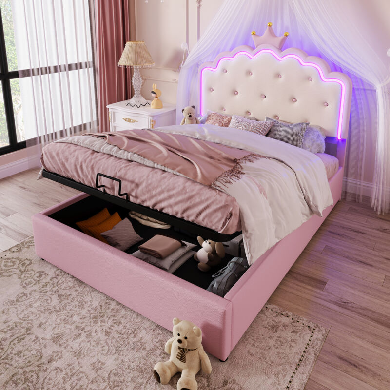 foto del prodotto letto imbottito 140 x 200 cm con rete a doghe senza materasso , illuminazione d atmosfera telecomandata, forma a principessa, contenitore idraulico,