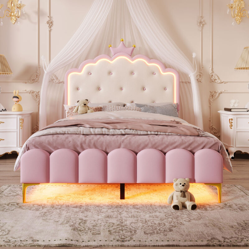 foto del prodotto letto imbottito, 140 x 200 cm, con rete a doghe senza materasso , luce d atmosfera con telecomando, forma a corona da principessa, materiale pu, rosa