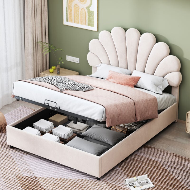 foto del prodotto letto imbottito 140 x 200 cm, con testiera floreale e rete a doghe, con testiera regolabile in altezza e contenitore idraulico, letto matrimoniale