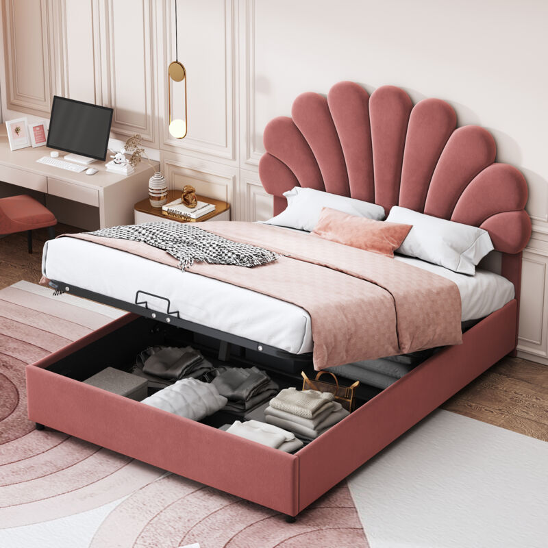 foto del prodotto letto imbottito 140 x 200 cm, con testiera floreale e rete a doghe, con testiera regolabile in altezza e contenitore idraulico, letto matrimoniale