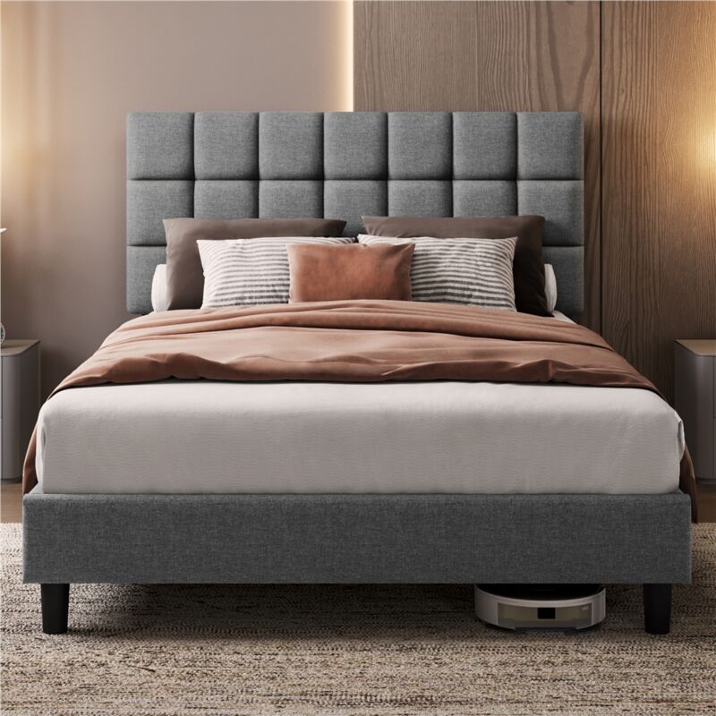 foto del prodotto letto imbottito 140 x 200 cm con testiera quadrata altezza regolabile doghe in legno grigio chiaro yaheetech