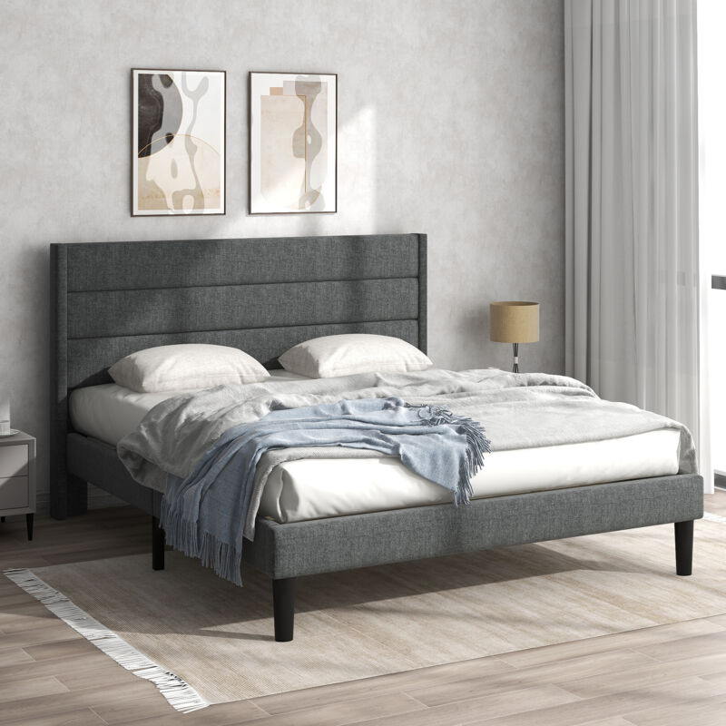 foto del prodotto letto imbottito 140 x 200 cm, giroletto con rete a doghe e testiera, letto matrimoniale imbottito, rivestimento in tessuto di lino in grigio scuro,