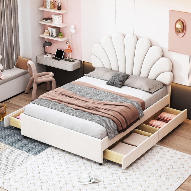 foto del prodotto letto imbottito 140 x 200 cm, giroletto con testiera a forma di fiore e rete a doghe, con vano portaoggetti, letto per ragazzi, letto per adulti,