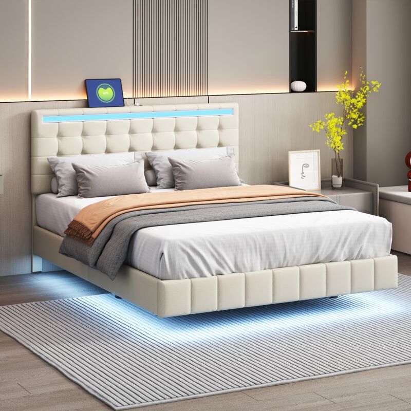 foto del prodotto letto imbottito 140 x 200 cm, giroletto imbottito sospeso con luci a led e design della testiera, letto matrimoniale piatto per ospiti in lino