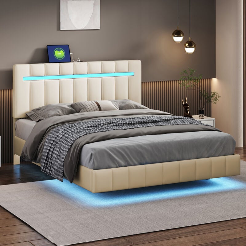 foto del prodotto letto imbottito 140 x 200 cm, giroletto imbottito sospeso con luci led e testiera di design, letto doppio per ospiti piatto in lino beige delicato