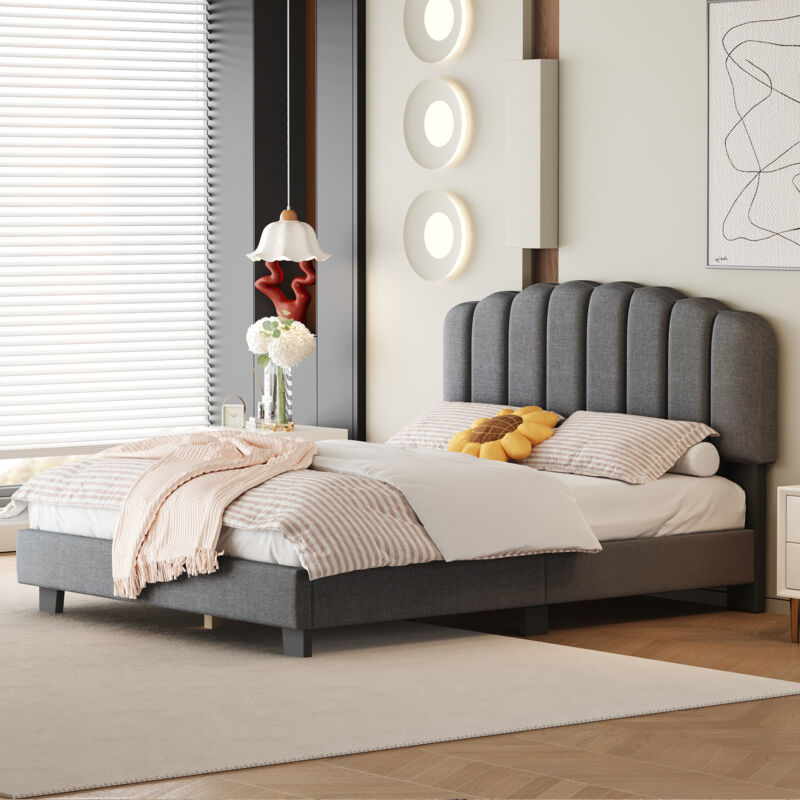 foto del prodotto letto imbottito 140 x 200 cm, letto con rete a doghe senza materasso , testiera dalla forma unica, testiera regolabile, lino, stile minimalista,