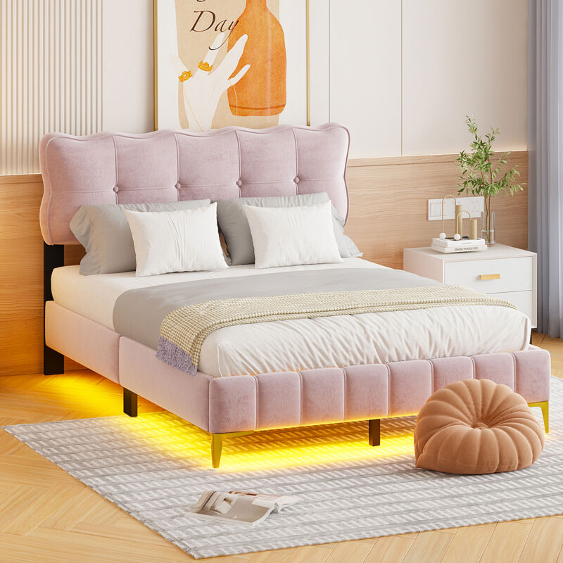 foto del prodotto letto imbottito 140 x 200 cm, letto da ragazzi, matrimoniale con luci led con schienale con rete a doghe in tessuto di velluto, piedini alti in