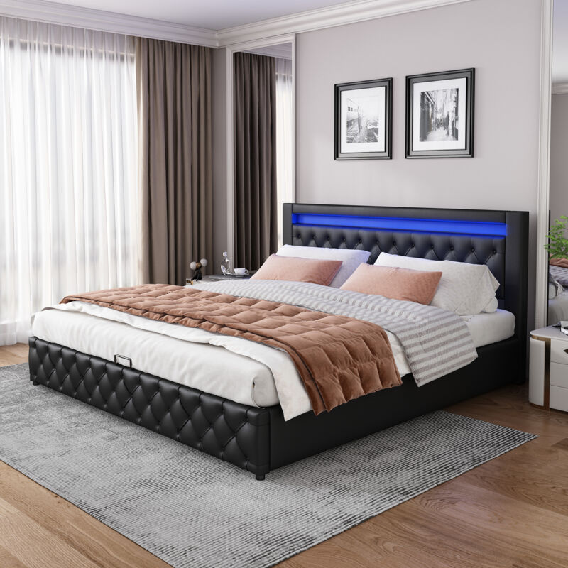 foto del prodotto letto imbottito 140 x 200 cm, letto funzionale con rete a doghe e vano portaoggetti, con illuminazione a led, con funzione contenitore, nero, pu