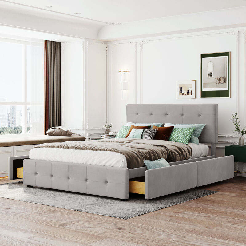 foto del prodotto letto imbottito 140 x 200 cm, letto matrimoniale con cassetti, rete a doghe e schienale, letto matrimoniale delicato sulla pelle in tessuto di