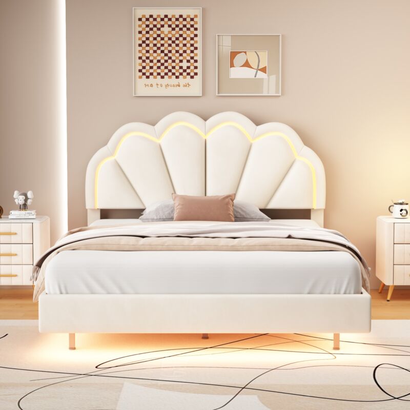 foto del prodotto letto imbottito 140 x 200 cm, letto matrimoniale, con luci led e testiera, velluto beige 