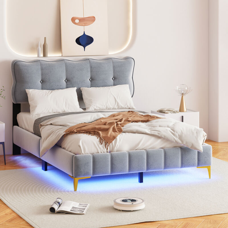 foto del prodotto letto imbottito 140 x 200 cm, letto per ragazzi, letto matrimoniale con luci led con schienale con rete a doghe in tessuto di velluto, gambe alte in
