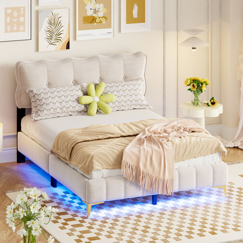 foto del prodotto letto imbottito 140 x 200 cm, letto per ragazzi, letto matrimoniale con luci led con schienale con rete a doghe in tessuto di velluto, piedini alti