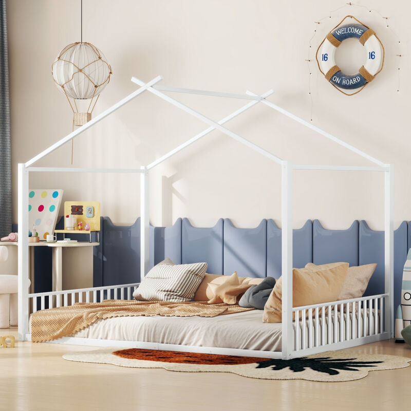 foto del prodotto letto imbottito, 140 x 200 cm, senza materasso, letto con struttura in ferro, lettino per bambini, barra di casa, bianco