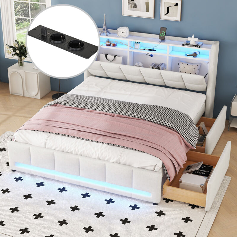 foto del prodotto letto imbottito, 140 x 200 cm, senza materasso, telecomando app, illuminazione a led, letto con cassetti con prese e usb, contenitore integrato,