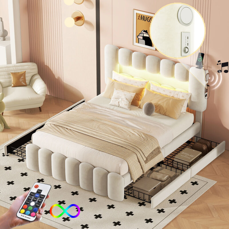 foto del prodotto letto imbottito 140 x 200, letto imbottito con 4 cassetti, letto imbottito con striscia luminosa a led con usb e stereo, beige
