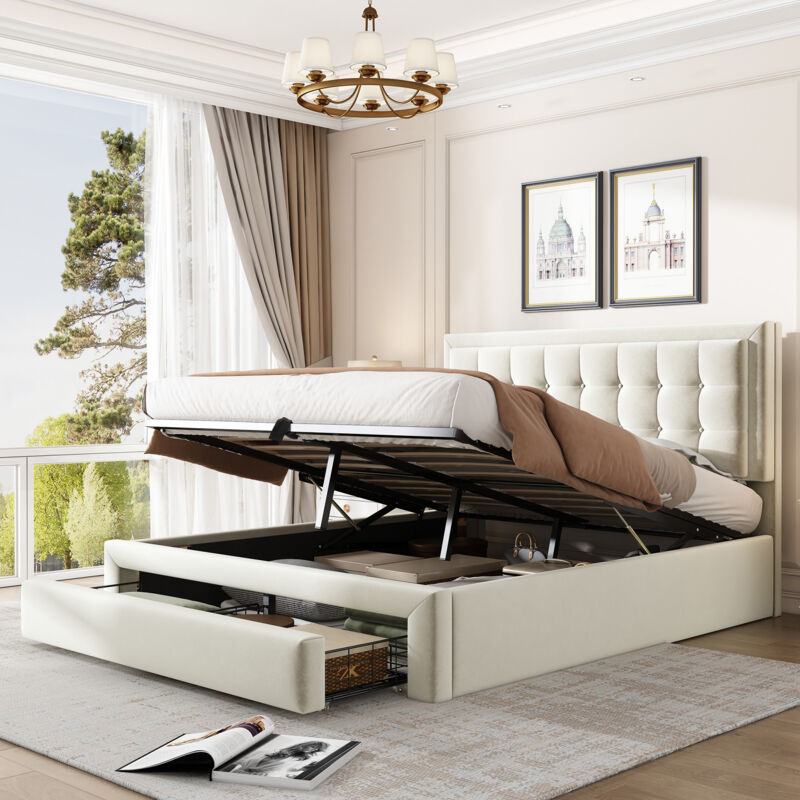 foto del prodotto letto imbottito 140190 con rete a doghe e testiera, letto contenitore, letto imbottito idraulico, letto matrimoniale, con 2 cassetti, rete a doghe in