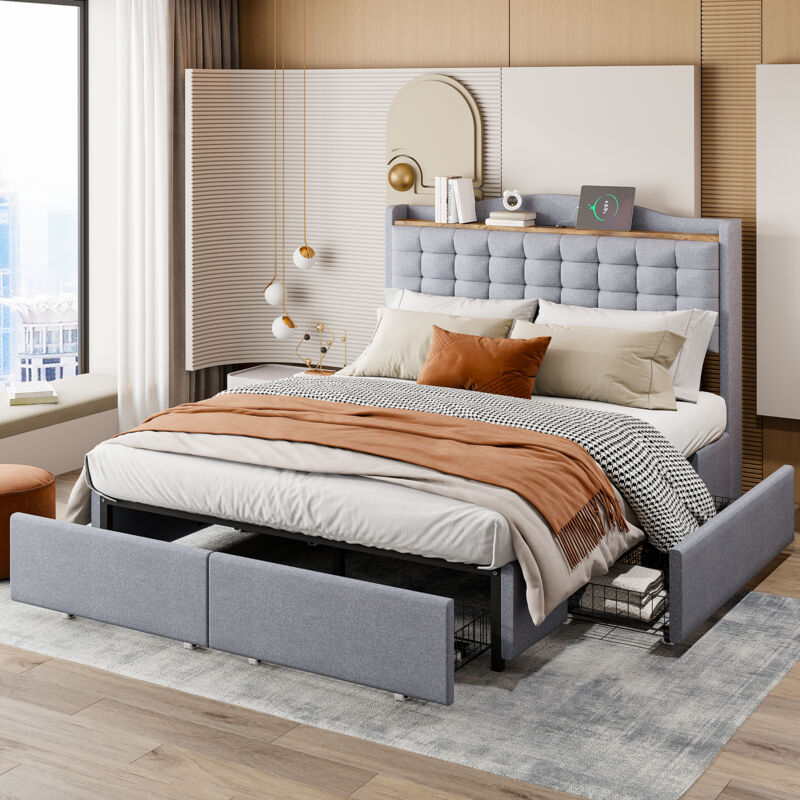 foto del prodotto letto imbottito 140200 cm, comodino con porta di ricarica usb e ripiano, letto matrimoniale piatto con 4 cassetti, tessuto di lino grigio