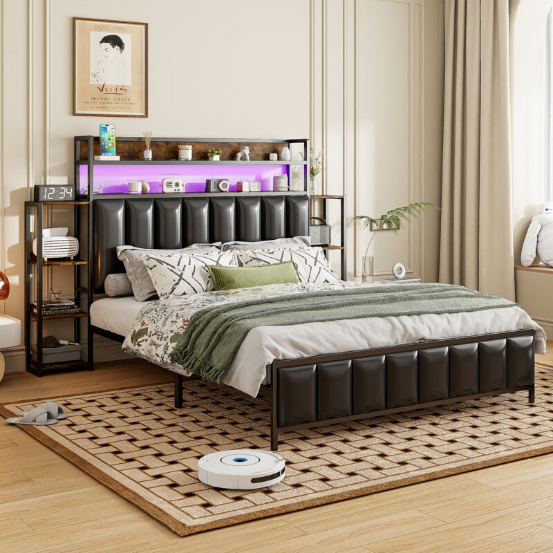 foto del prodotto letto imbottito 140200 cm, con pi ripiani, con illuminazione a led, testiera per riporre gli oggetti, giroletto in ferro pieno, letto per ragazzi,