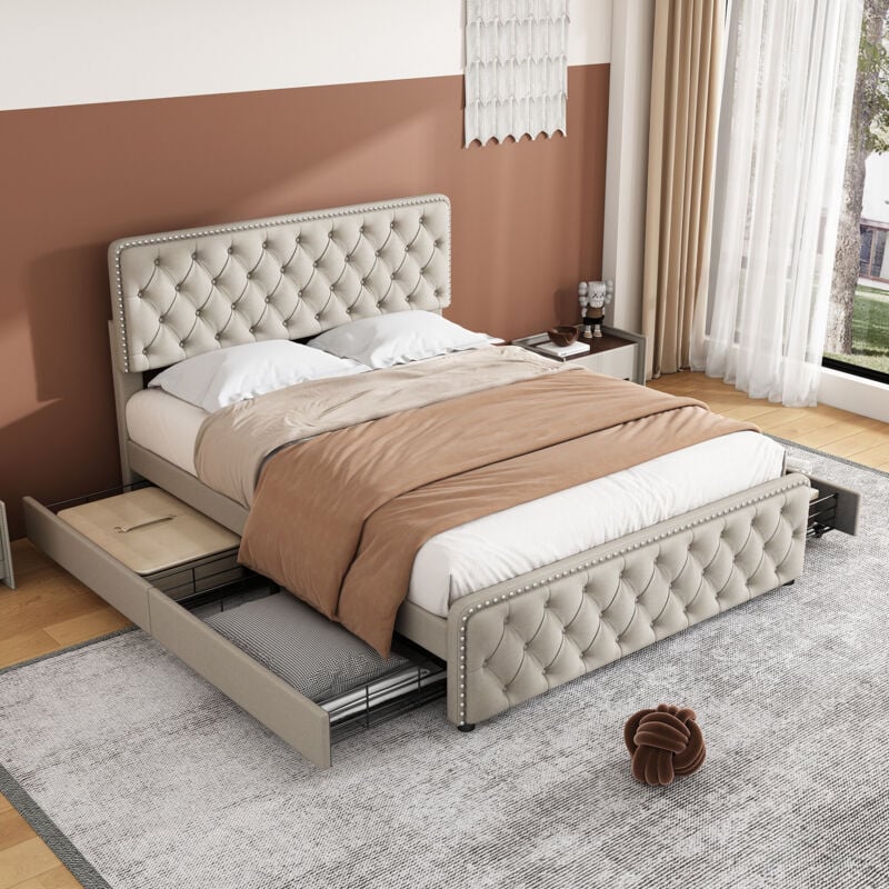 foto del prodotto letto imbottito 140200 cm, letto matrimoniale con quattro cassetti, testiera regolabile in altezza, cerniere e rivetti sul lato testata e lato piedi,