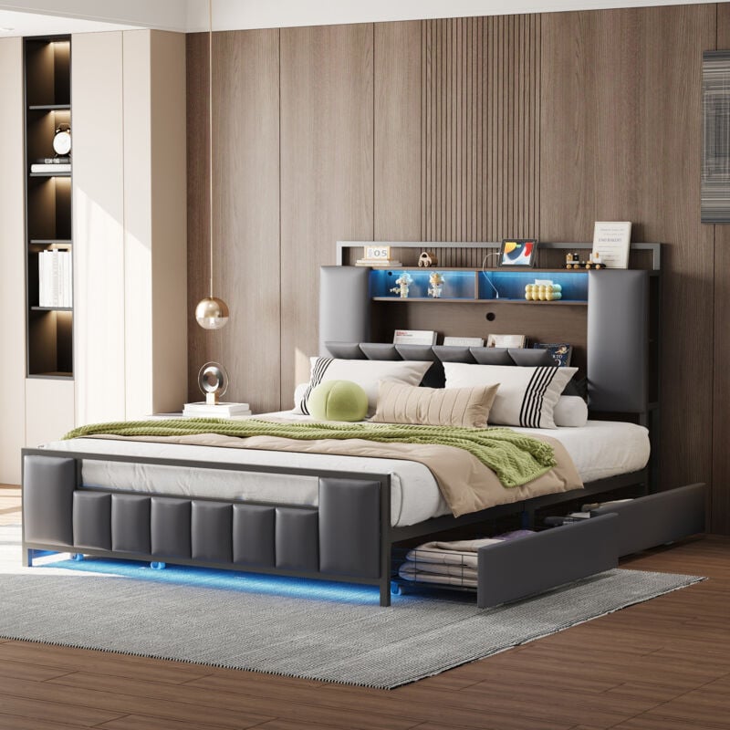 foto del prodotto letto imbottito 140200 cm, letto multifunzione con luce led, con presa usb, con cassetti, struttura letto in ferro pieno, letto per ragazzi, letto