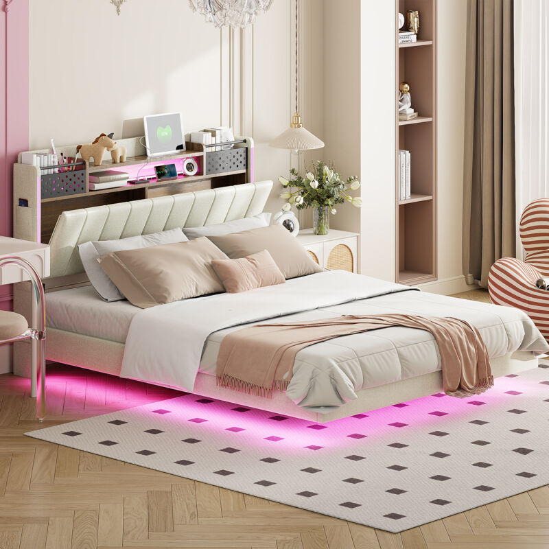 foto del prodotto letto imbottito 140200 con illuminazione a led e porta usb, testiera con contenitore, letto galleggiante per giovani adulti, tessuto in lino, beige