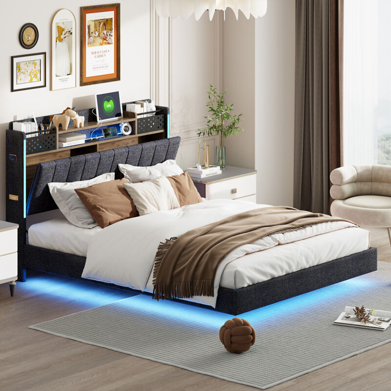 foto del prodotto letto imbottito 140200 con illuminazione a led e porta usb, testiera con contenitore, letto galleggiante per giovani adulti, tessuto in lino, grigio