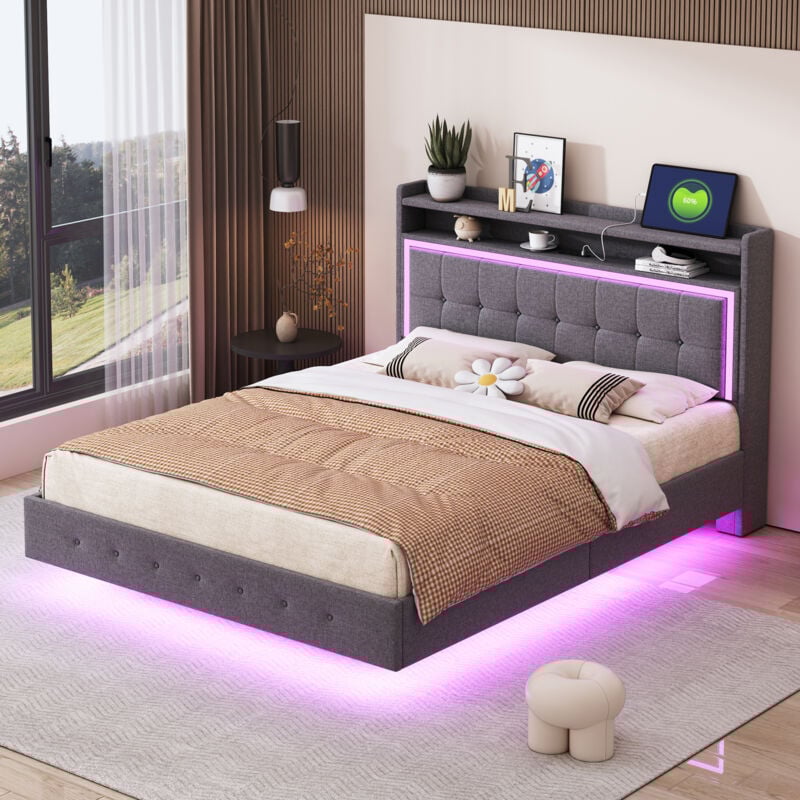 foto del prodotto letto imbottito 140200, con presa usb e illuminazione led, letto posizionabile a testata, design con piedi nascosti, letto matrimoniale piatto,