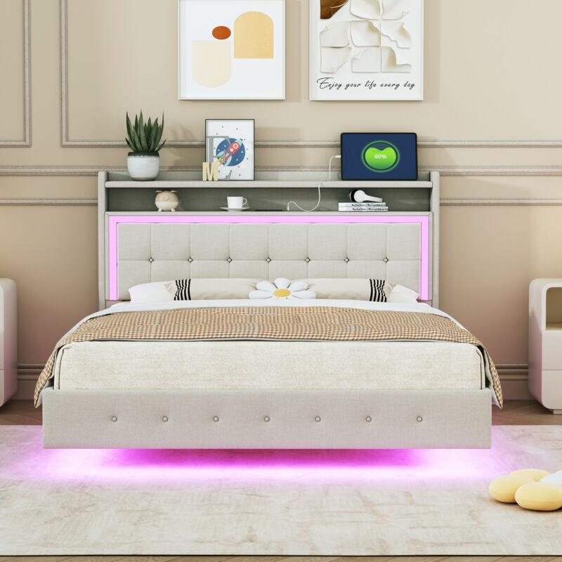 foto del prodotto letto imbottito 140200, con presa usb e illuminazione led, piedino design nascosto, letto matrimoniale piatto, tessuto lino beige
