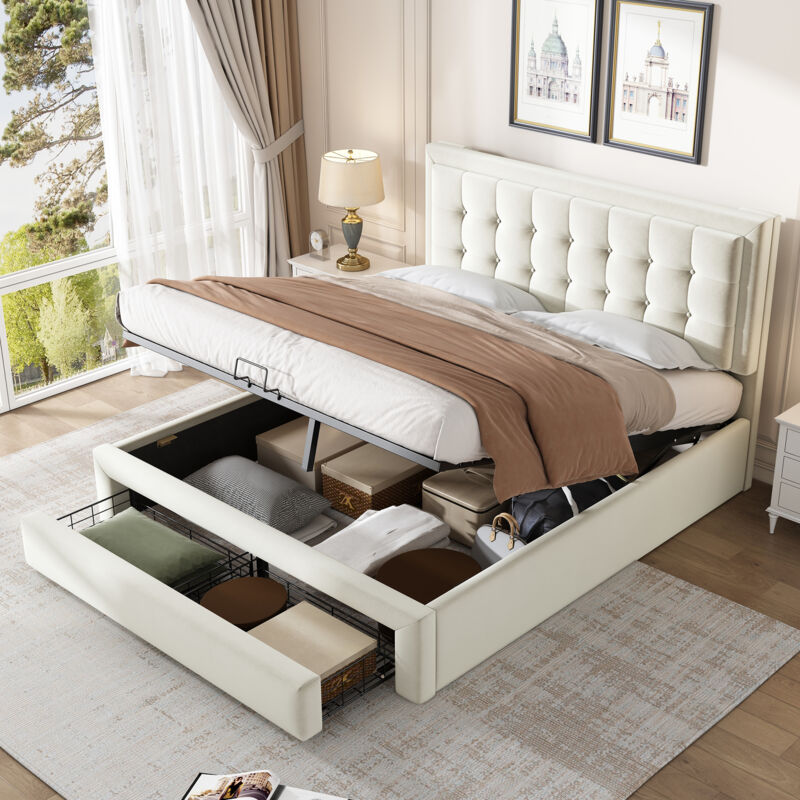foto del prodotto letto imbottito 140200 con rete a doghe e testiera, letto contenitore, letto imbottito idraulico, letto matrimoniale, con 2 cassetti, supporto a