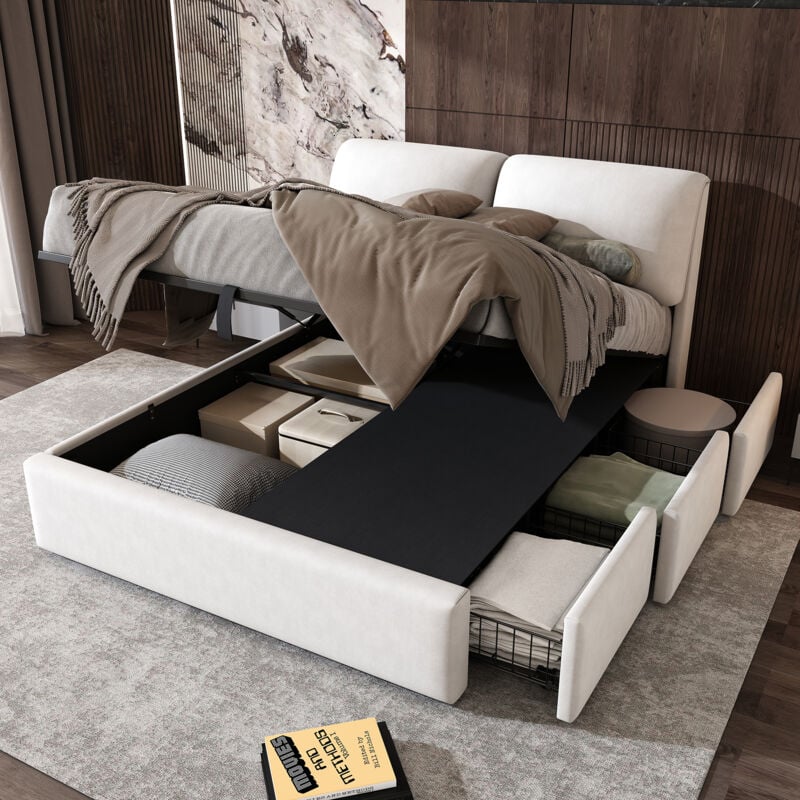 foto del prodotto letto imbottito, 140200, letto idraulico, tre cassetti, box contenitore, rete a doghe con testiera, senza materasso, velluto, bianco