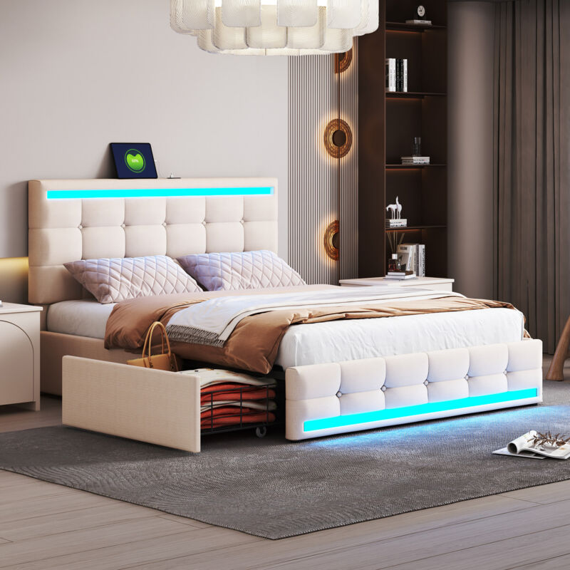 foto del prodotto letto imbottito 140200 struttura letto imbottita a led con 4 cassetti e 2 stazioni di ricarica usb, struttura letto con testiera con luci a led,