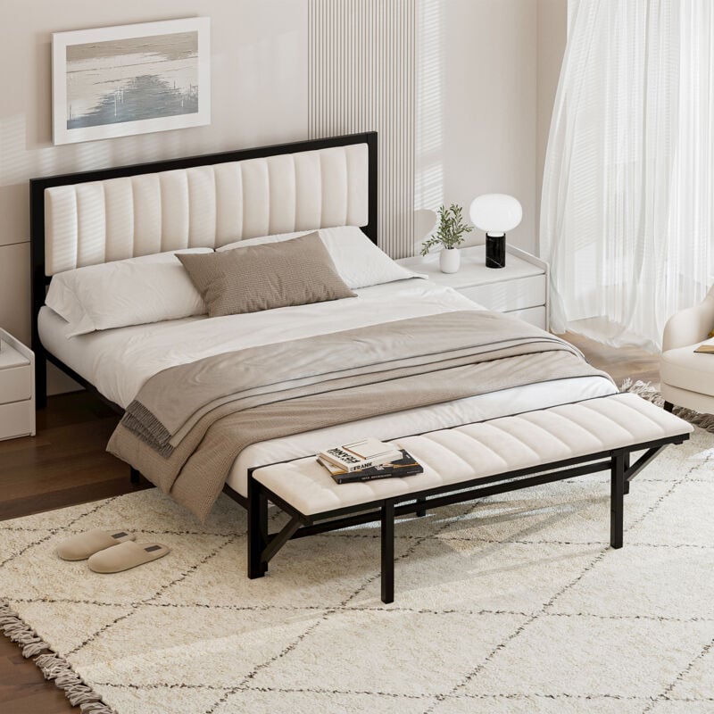 foto del prodotto letto imbottito 140x200 cm con panca terminale pieghevole , letto multifunzione con contenitore e organizzazione, struttura letto in ferro, letto
