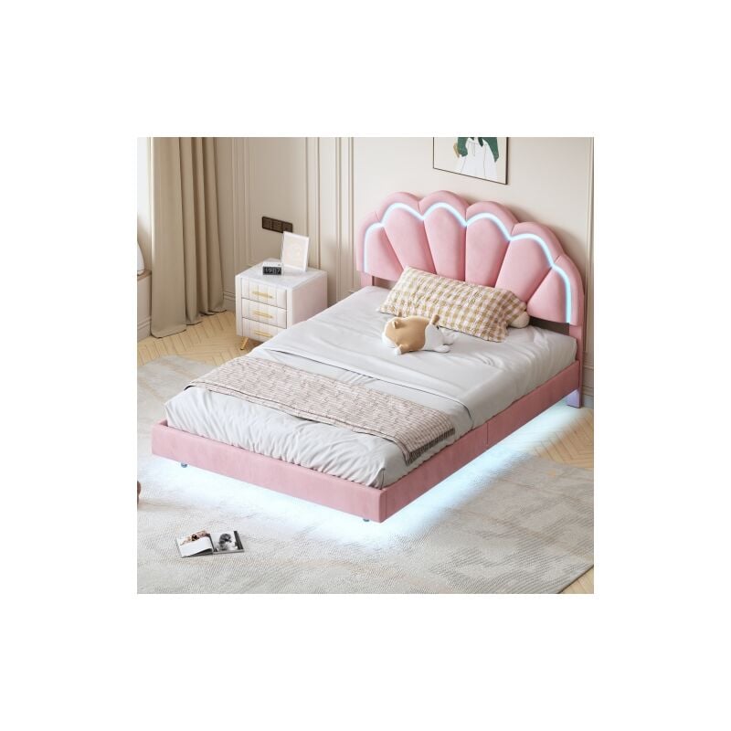 foto del prodotto letto imbottito 140x200 cm, giroletto imbottito sospeso con luci a led e testiera di design, letto piatto per ospiti in tessuto di velluto delicato