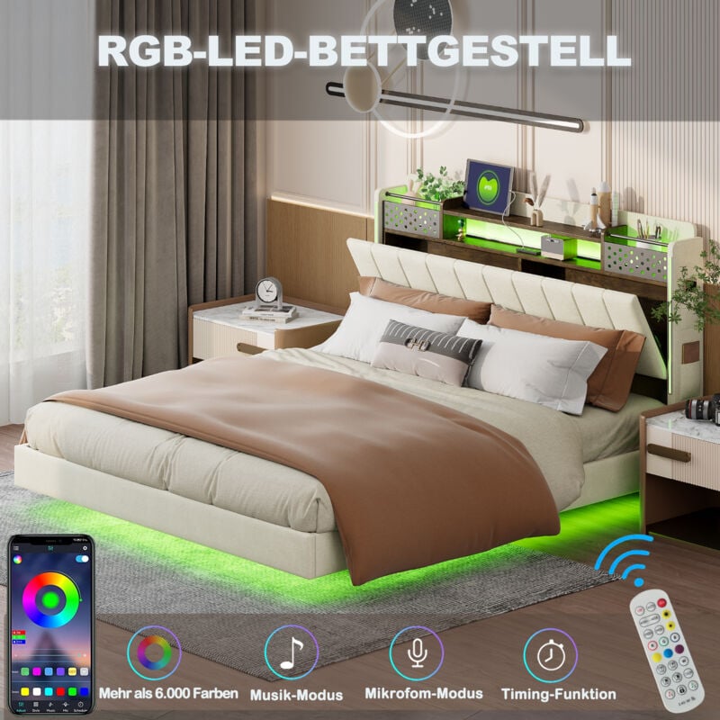 foto del prodotto letto imbottito 140x200 cm, letto galleggiante per ragazzi, illuminazione a led, prese usb, testiera con contenitore, lino beige senza materasso 