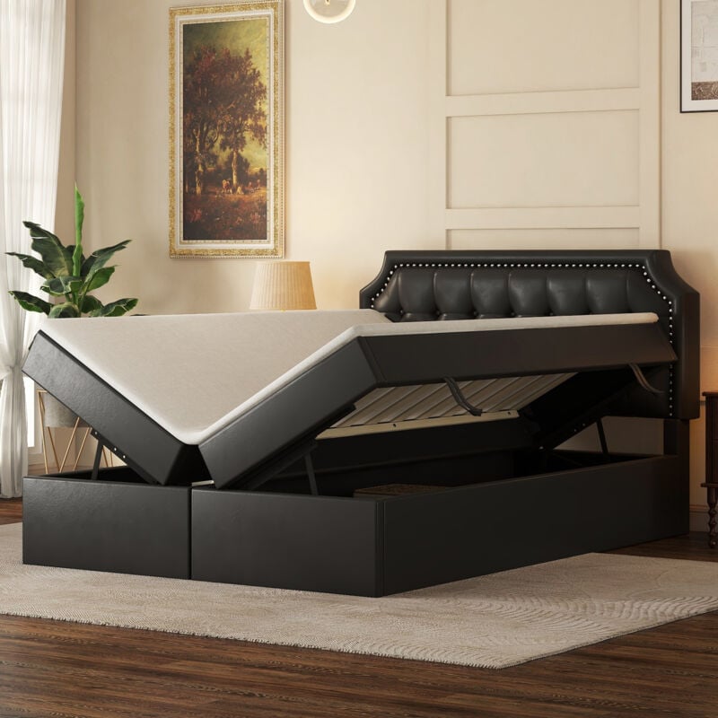 foto del prodotto letto imbottito 140x200 cm, letto matrimoniale con rete a doghe in metallo, ampio spazio contenitivo, apertura su entrambi i lati, nero