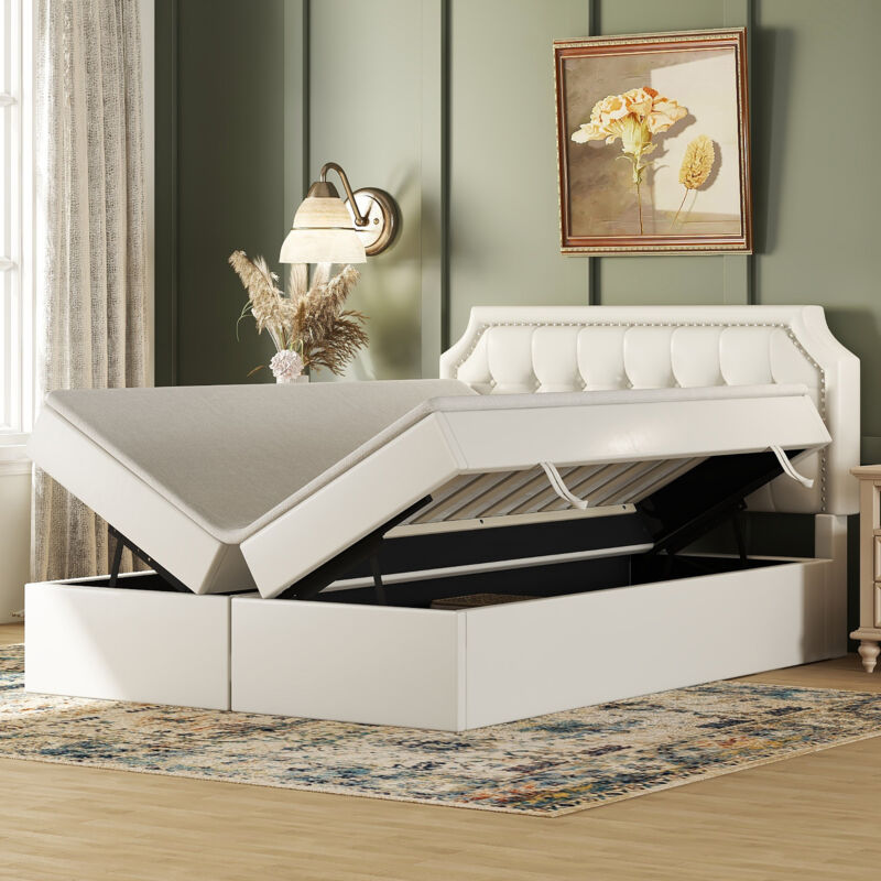 foto del prodotto letto imbottito 140x200 cm, letto matrimoniale con rete a doghe in struttura metallica, ampio spazio contenitivo, apribile su entrambi i lati, bianco