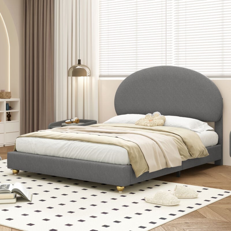 foto del prodotto letto imbottito 140x200 cm, letto matrimoniale, testiera arcuata e rete a doghe, velluto teddy, grigio senza materasso 