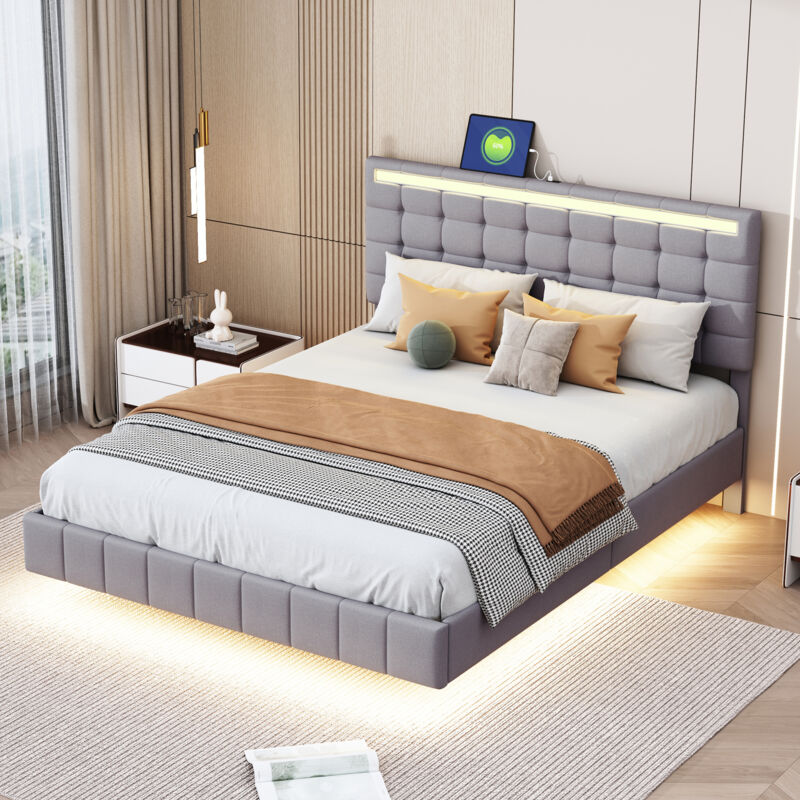 foto del prodotto letto imbottito 140x200 cm, struttura letto sospesa imbottita con luci a led e testiera, letto piatto per ospiti in lino grigio delicato sulla pelle