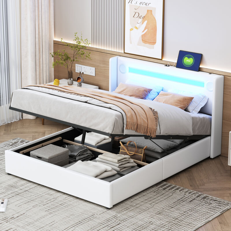 foto del prodotto letto imbottito 140x200 con striscia luminosa a led, lettore bluetooth e ricarica usb, letto contenitore in pelle pu, spazio per riporre letto a