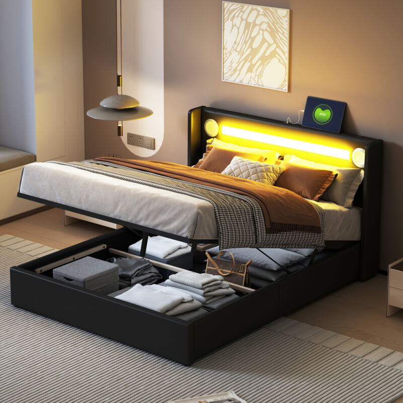 foto del prodotto letto imbottito 140x200 con striscia luminosa a led, lettore bluetooth e ricarica usb, letto contenitore in pelle pu, spazio per riporre letto a