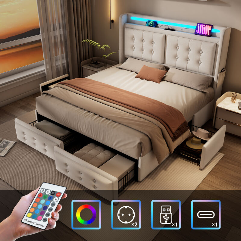 foto del prodotto letto imbottito 140x200, letto matrimoniale con testiera led e funzione di ricarica usb c e 4 cassetti, letti contenitore con rete a doghe in legno e