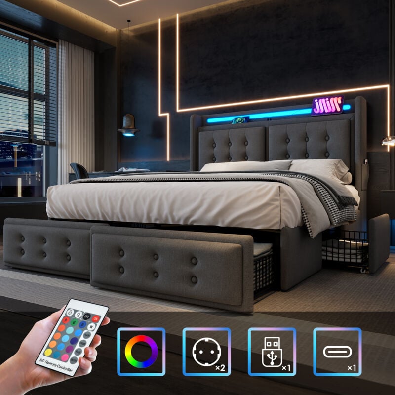 foto del prodotto letto imbottito 140x200, letto matrimoniale con testiera led e funzione di ricarica usb c e 4 cassetti, letti contenitore con rete a doghe in legno e
