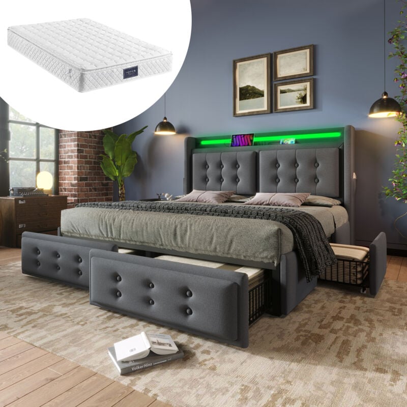foto del prodotto letto imbottito 140x200, letto matrimoniale con testiera led e funzione di ricarica usb c e 4 cassetti, letti contenitore con rete a doghe in legno e