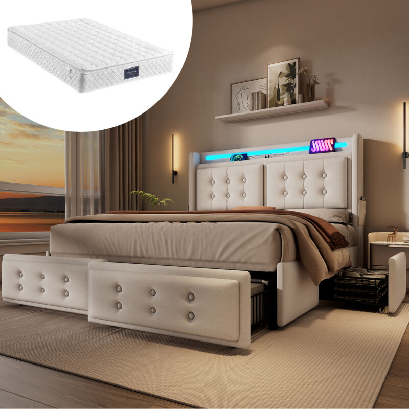 foto del prodotto letto imbottito 140x200, letto matrimoniale con testiera led e funzione di ricarica usb c e 4 cassetti, letti contenitore con rete a doghe in legno e